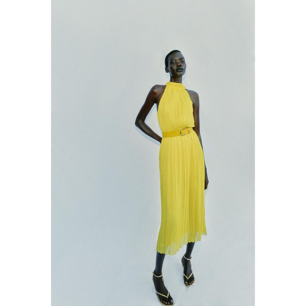 Zara Pleated Halter Midi Dress M Lime Green NWT Sold Out